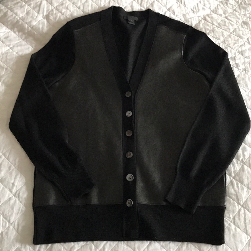 J. Crew blk leather front wool cardigan, M